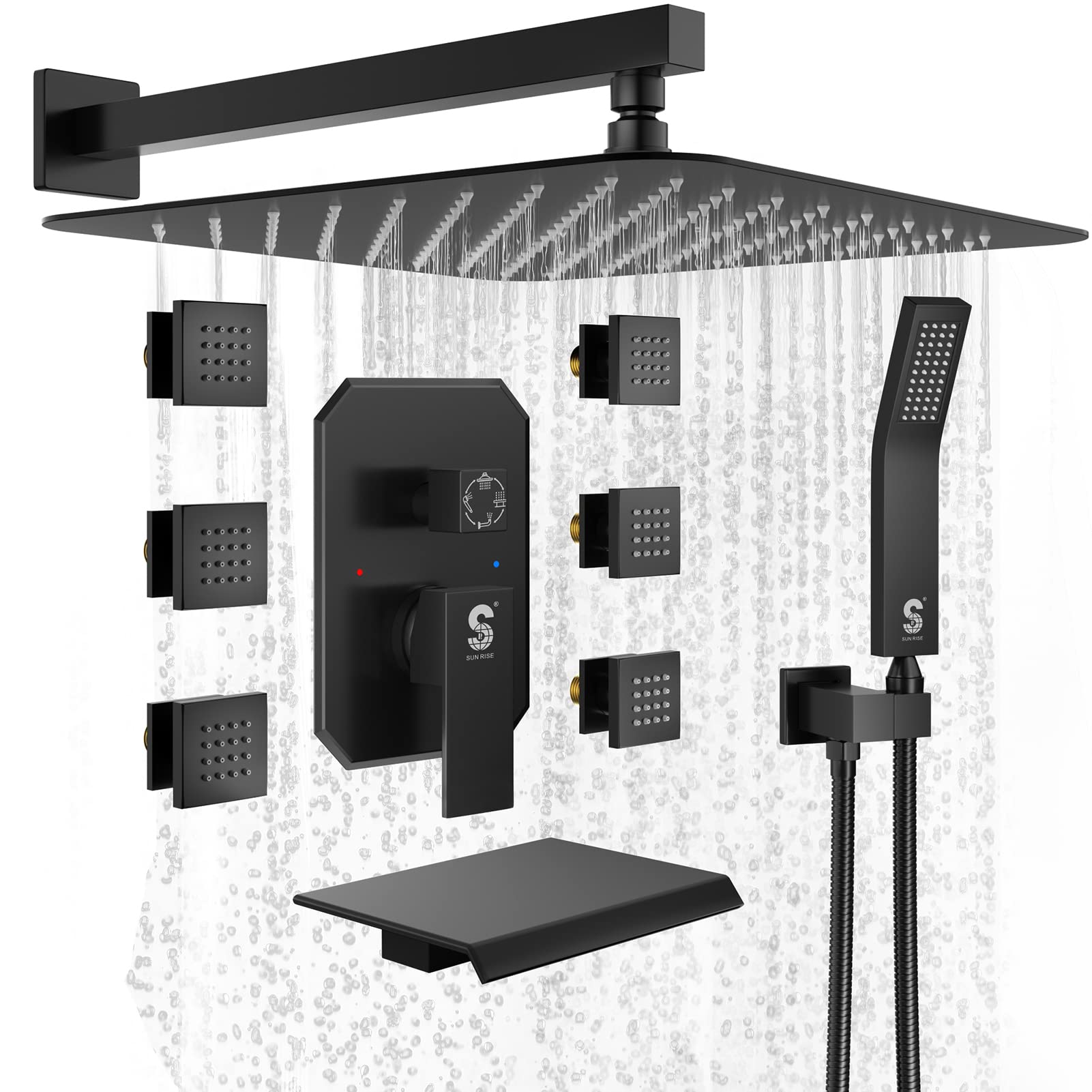 Waist Massage Spray Shower System with 6 Body Jets and Tub Spout, 16'' Full Body Bathtub Shower System with Shower Jet, Wall Mounted Rain Shower and Handheld Shower Faucet Set Complete, Matte Black