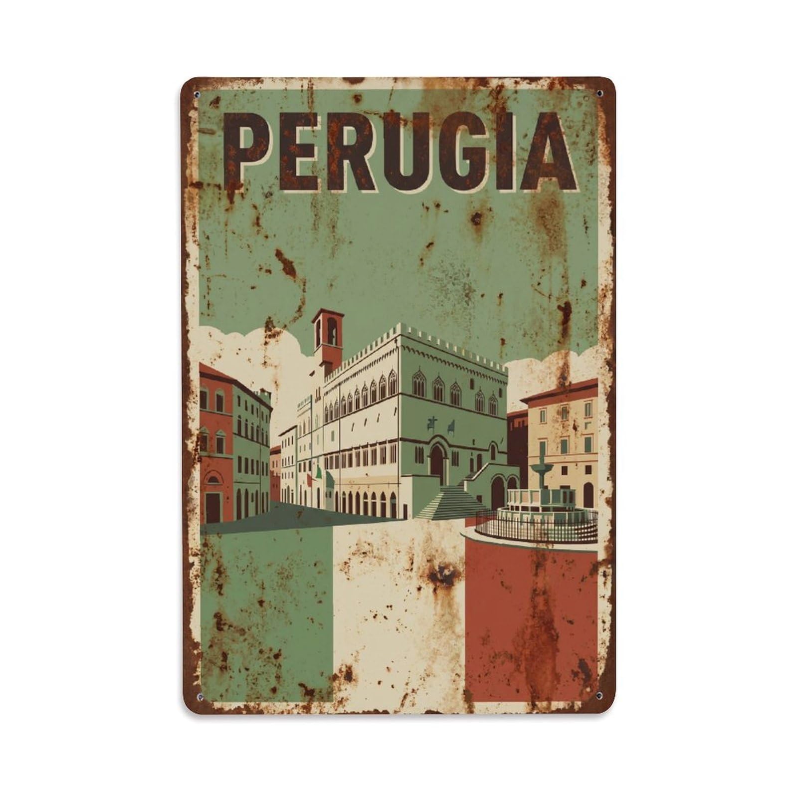 Vintage Travel Perugia Piazza Della Repubblica Italy Metal Tin Sign Plaque Wall Decor for Cafe, Club Bar, Office, Home Garden Metal Poster 8x12Inch