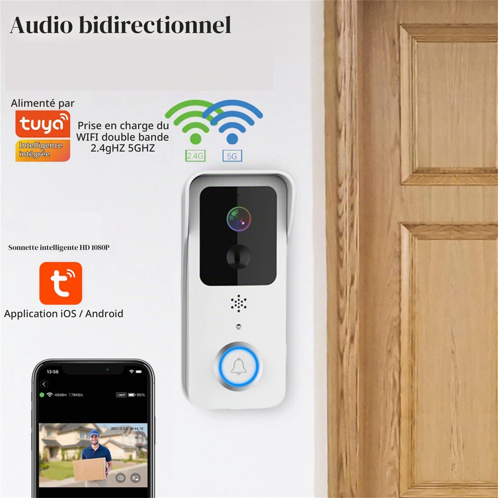 5G 2.4G Wifi Sonnette Vidéo 1080P Tuya Interphone Sans Fil Extérieur Intelligent Sonnette De Porte Sans Fil Étanche Caméra De Sonnette Sans Fil, Audio Bidirectionnel, Vision Nocturne, Étanche IP65