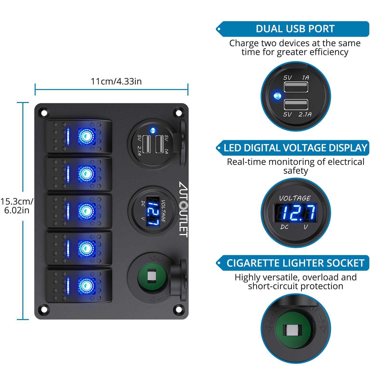 AUTOUTLET Panel przełączników 5-biegunowy, 12 V/24 V, przełącznik dźwigienkowy, IP66, wodoszczelna, podwójna ładowarka USB, woltomierz LED, zapalniczka z naklejką świetlną, do samochodów, łodzi, łodzi