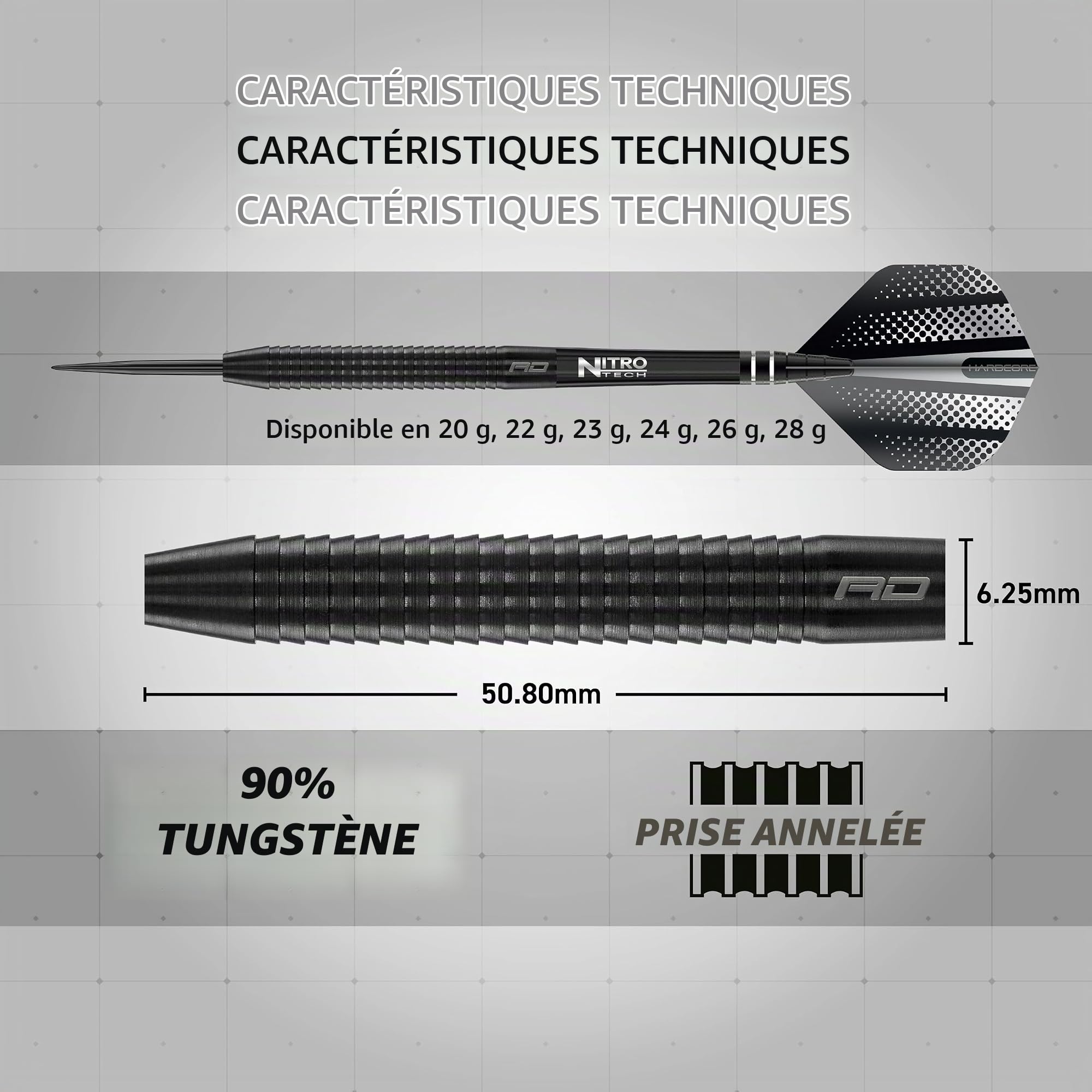 RED DRAGON Darts | Razor Edge Black 20g Pointe Acier | Set de Fléchettes en Tungstène à 85% | Set de Fléchettes Professionnel | Ailettes Hardcore Radical & Tiges NitroTech | Revêtement Onyx | 20g - 28g