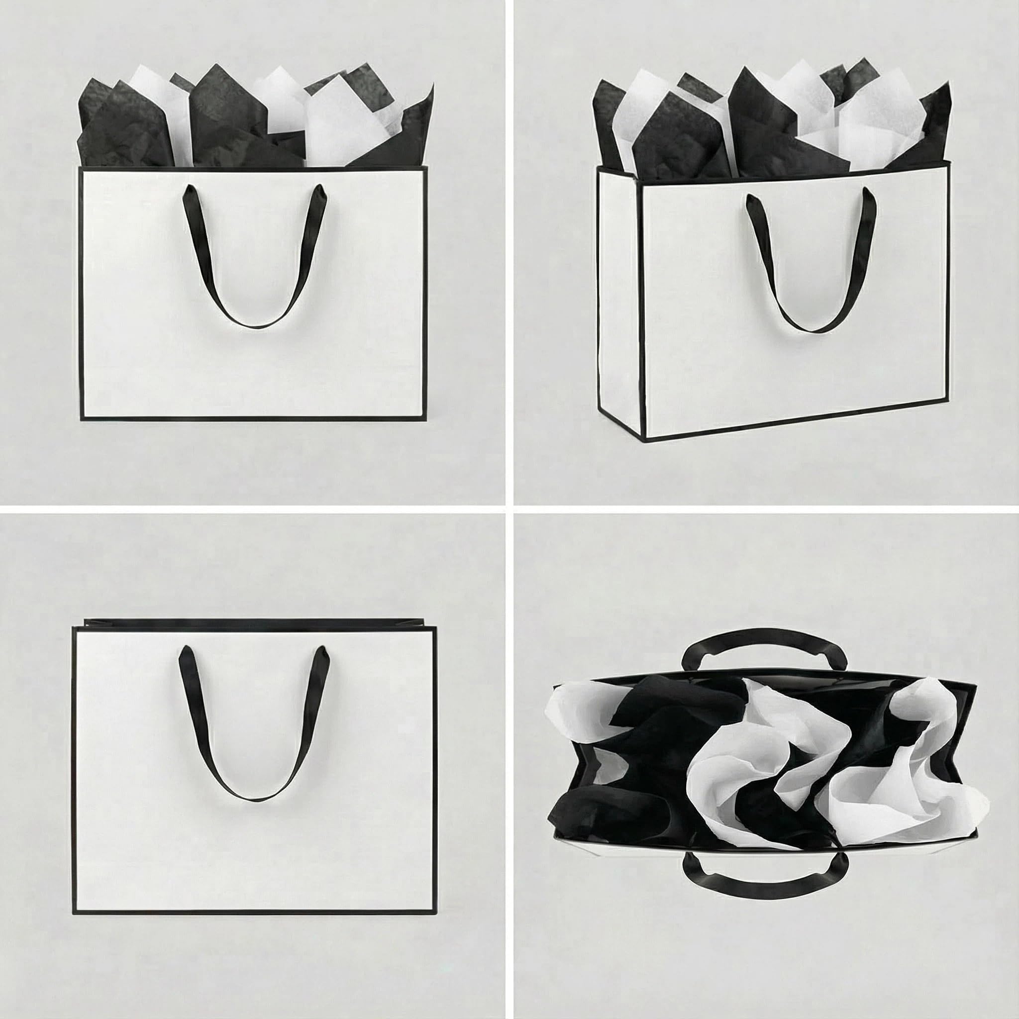JUNESHE Lot de 3 grands sacs cadeaux blancs et noirs de 35,1 cm avec poignées assorties en papier de soie blanc et noir pour fête, shopping, anniversaire, mariage