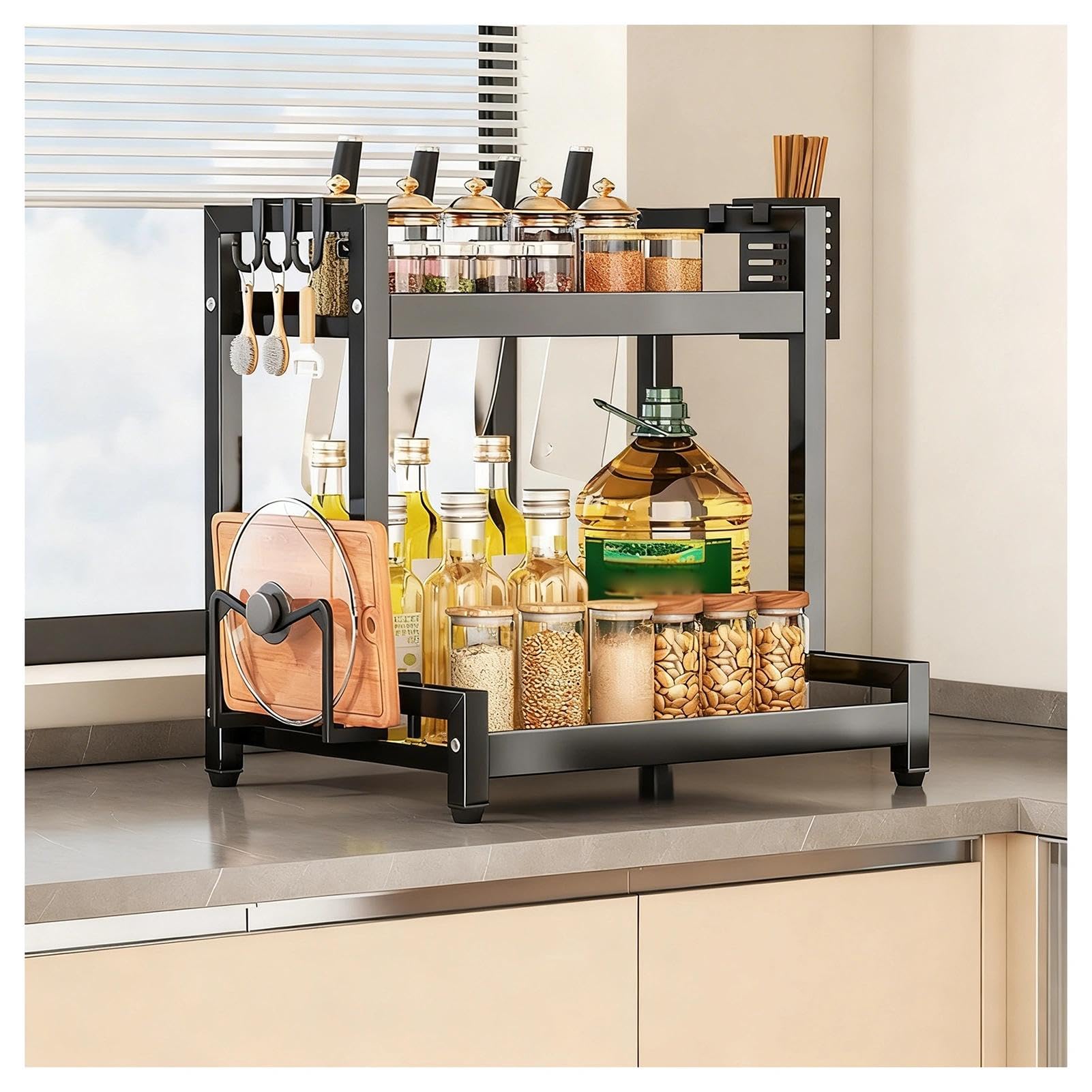 TIANQIHAO Stainless Steel Countertop Spice Rack Nizer, 2-Tier Metal Table Rack With Hooks And Knife Holder, Standing Large Nizer For Sugar, Salt, Pepper And Oil Bottles,Black-2 Tier-11.8in