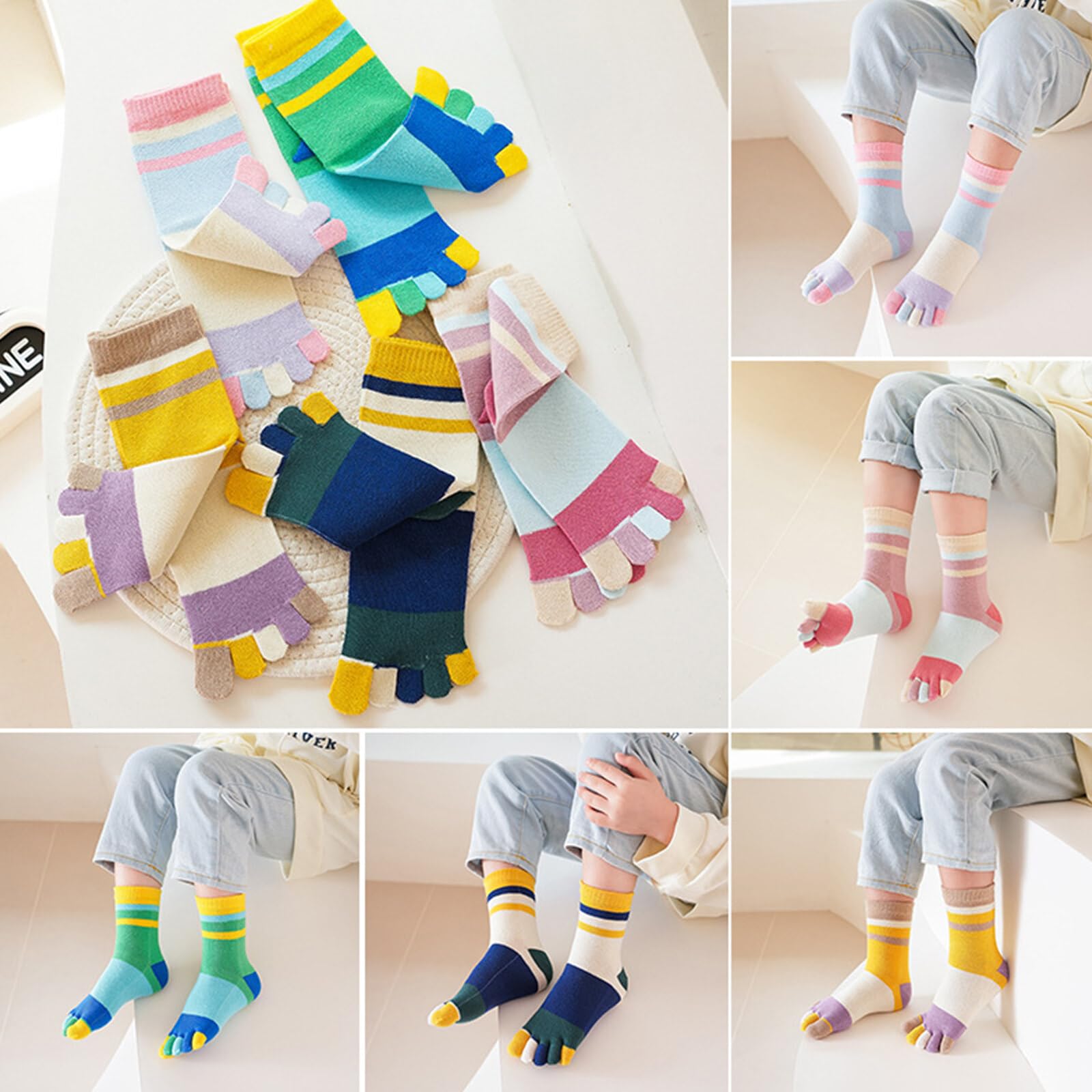SH-RuiDu Toe Socks, 5 Pair Cotton Five Toe Socks Colorful Stripped Mid Calf Running Toe Socks for Boys Girls