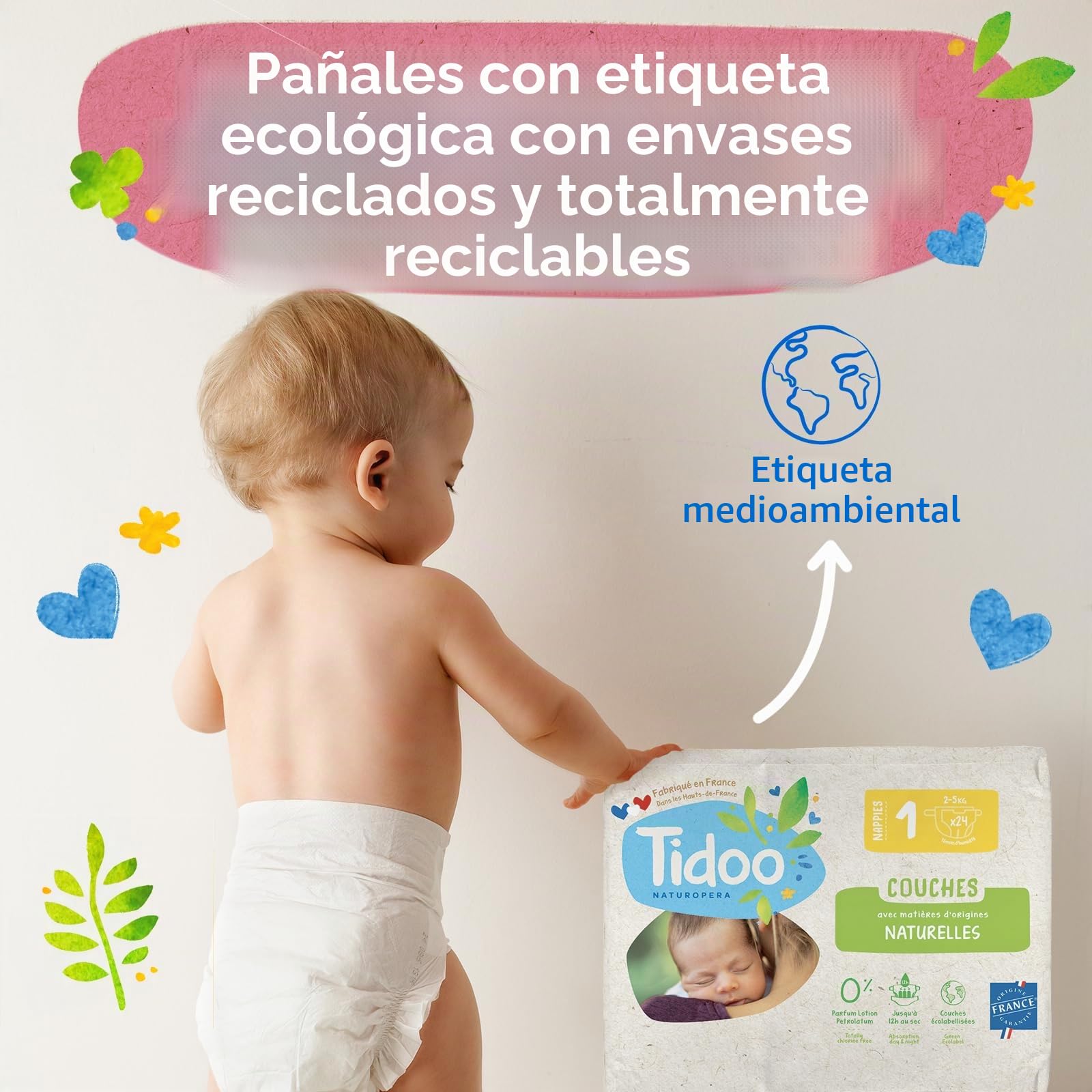 Tidoo – Pañales ecológicos talla 2 (3-6 kg) – Origen natural, libre de sustancias nocivas – 12 horas secas, ultra absorbentes – Fabricado en Francia – 150 capas desechables – Paquete de 1 mes
