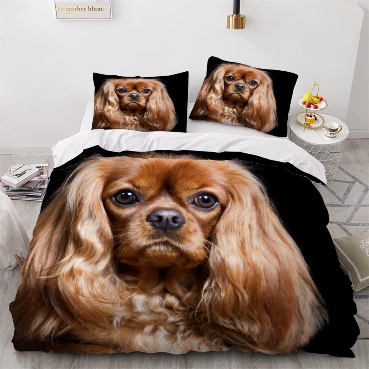 MEVASA Cavalier King Charles Spaniel Bedding Set Microfiber Teenager Bedding Cute Dog Black 3D Bedding Set for Small Double 3Pcs Anti Allergic Duvet Cover Set with Zipper /200x200
