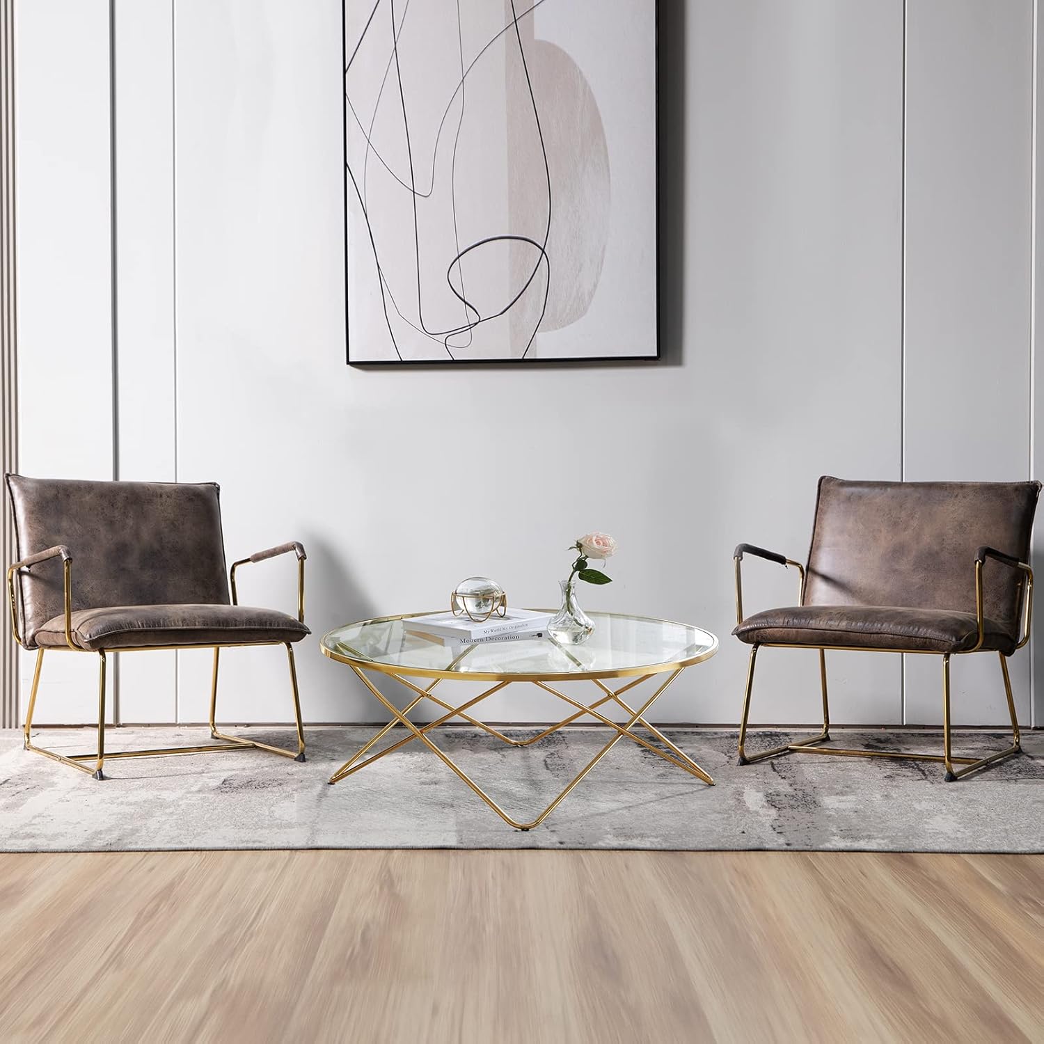 Gold Coffee Table Set of 3 Modern Living Room Table Set with Round