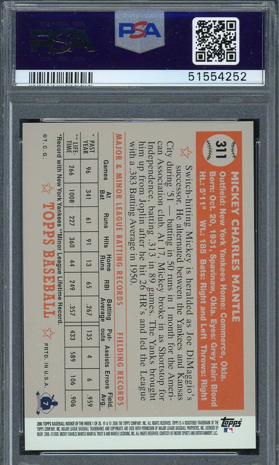 Amazon.com: Mickey Mantle 2006 Topps Rookie of the Week Baseball Card #1  Graded PSA (Cert# 51554252) : Collectibles & Fine Art