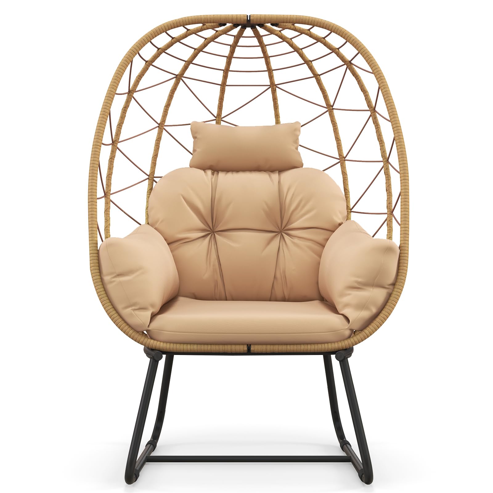 LIFEZEAL Silla Huevo de Mimbre, Sofá de Ratán para Jardín, Patio, Con Cojín Extraíble, Almohada, Soporte de Metal, para Balcón, Porche, Terraza (Beige)