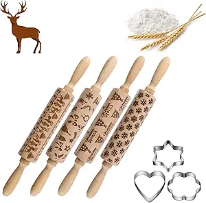 4Pack Christmas Wooden 3D Rolling Pins Embossed, Embossing Rolling Pin with Engraved Christmas Themed Symbols for Baking Embossed Cookies,Rolling Pin Kitchen Tool(14 in)