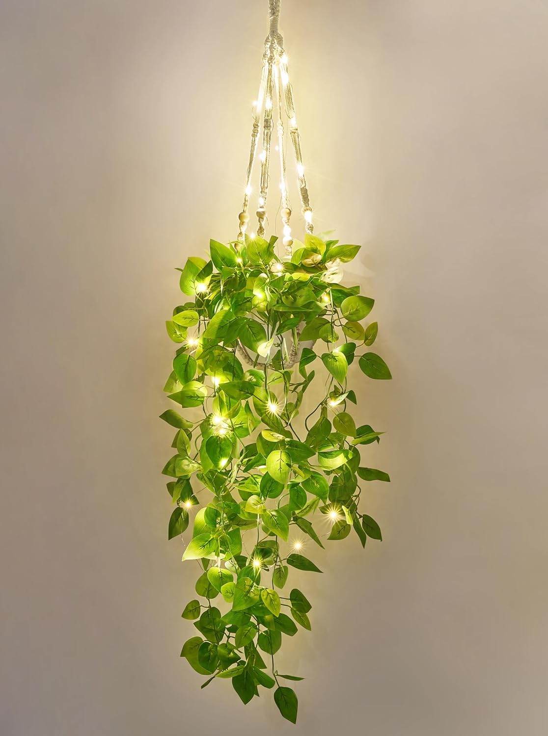 Mkono Fake Hanging Plant with Lights, Artificial Plants for Home Decor Indoor Macrame Plant Hanger with Fake Vines Greenery for Bedroom Bathroom Kitchen Office Decor