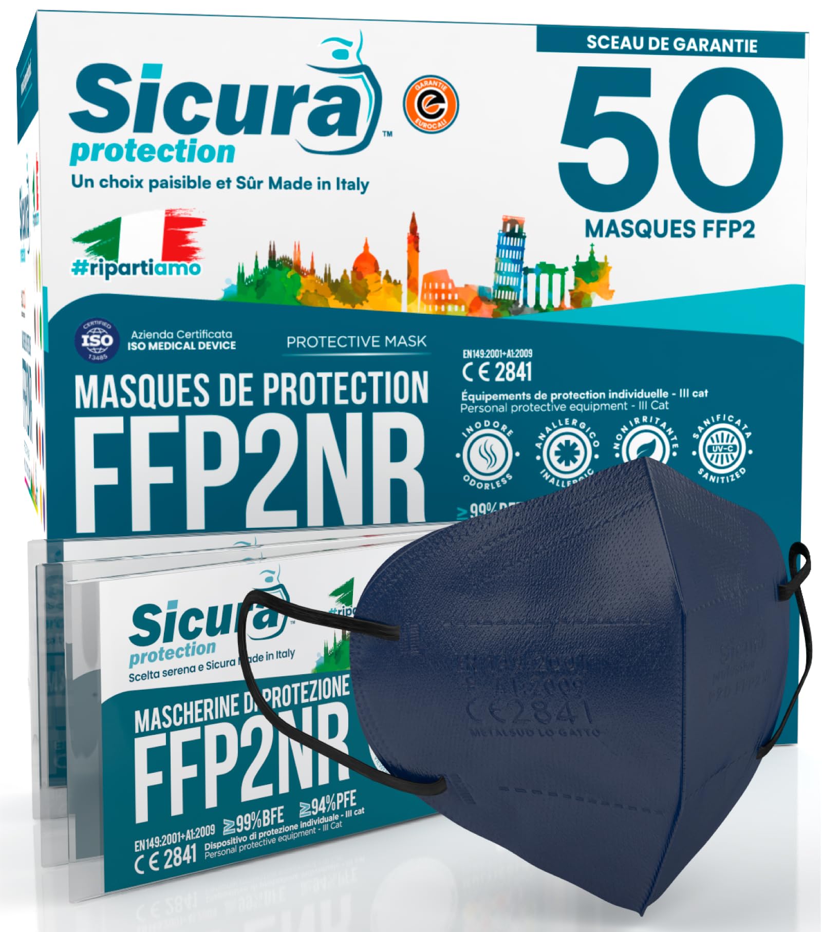 50 masques FFP2 certifiés CE BLEU avec élastiques noirs Logo en relief SICURA BFE ≥99% Fabriqué en Italie Masques FFP2 SANITISÉS et scellés individuellement