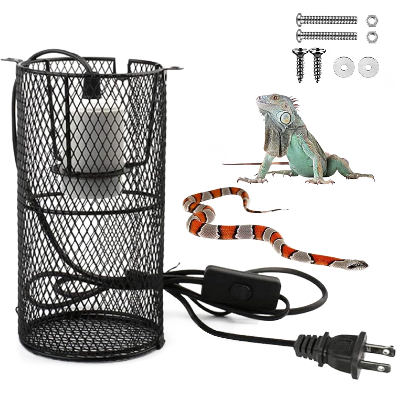 Reptile Heat Lamp Guard Ceramic Heat Emitter Basking Heater Lamp Reptile Accessories for Turtle Snakes Lizards Frogs Chicks with Power Switch & Anti-Biting Hanging Hook Design Round Without Bulb 150w