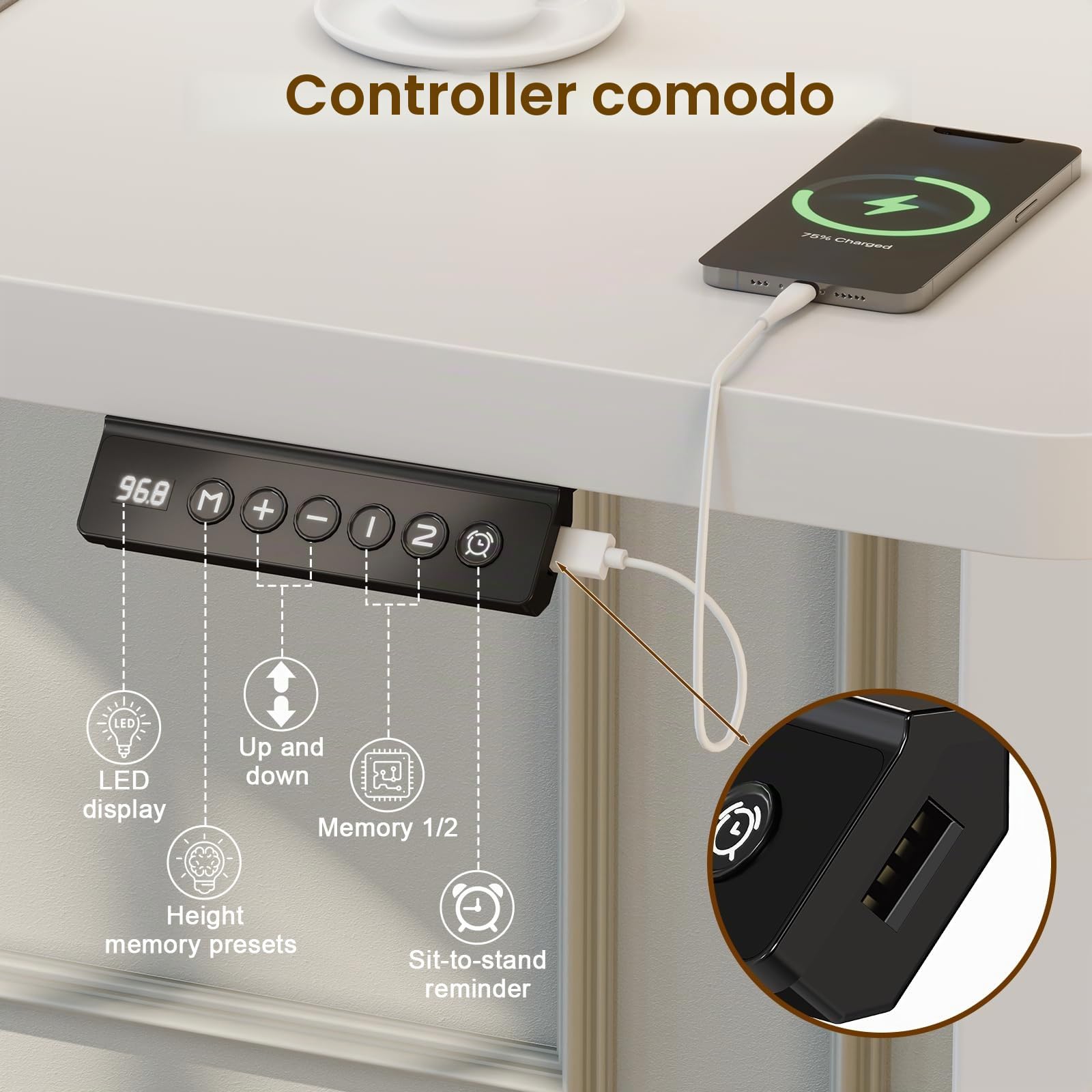 JUMMICO Scrivania Regolabile in Altezza con Caricatore USB, Scrivania Regolabile Elettrica 100 x 60 cm, Standing Desk