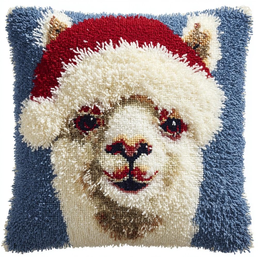 FWRTYCB 3D Pillow Latch Hook Embroidery Kits Alpaca Wearing A Santa Hat Cu