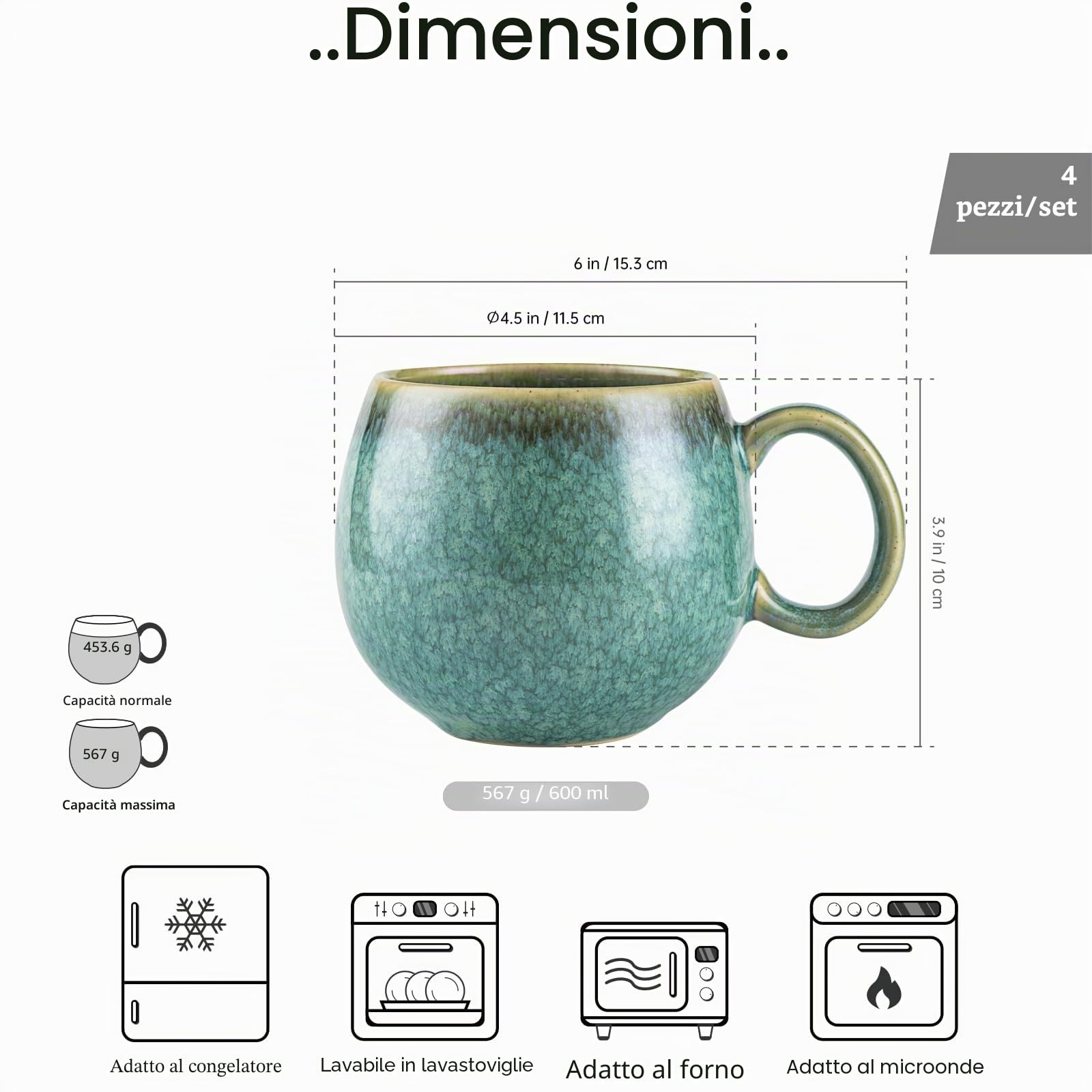 HENXFEN LEAD set di tazze da cappuccino in ceramica, 600ml tazze da caffè con manico, 4pcs tazze in porcellana per tè caffè latte cappuccino - verde lucido