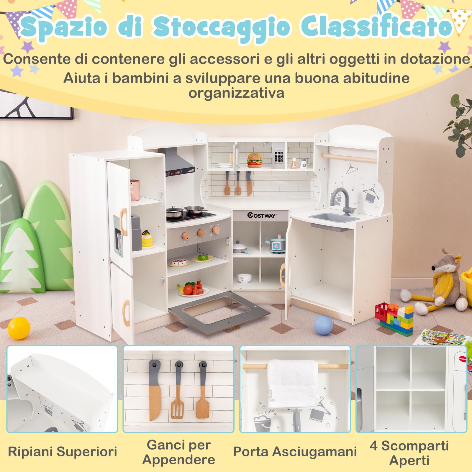COSTWAY Set Gioco da Cucina per Bambini d'Angolo, Cucina Giocattolo in Legno con Macchina di Ghiaccio, Microonde, Lavatrice e Accessori, con Suoni e Luci, per Bambini 3-10 Anni (Bianco)