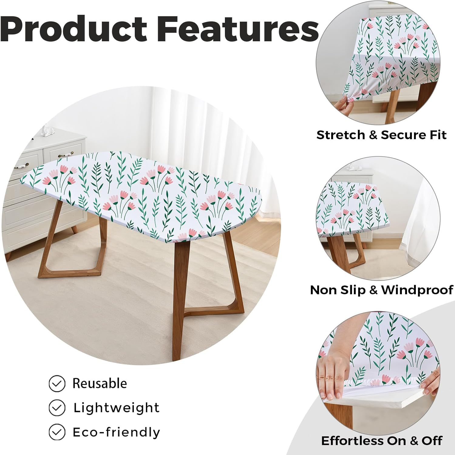 Spring Pink Floral Oval Fitted White Tablecloth 48x72 Inch Outdoor Elastic Stretch Table Cloth Washable Non Slip Spandex Fabric Table Cover Wrinkle Free with Cute Flower Green Leaves