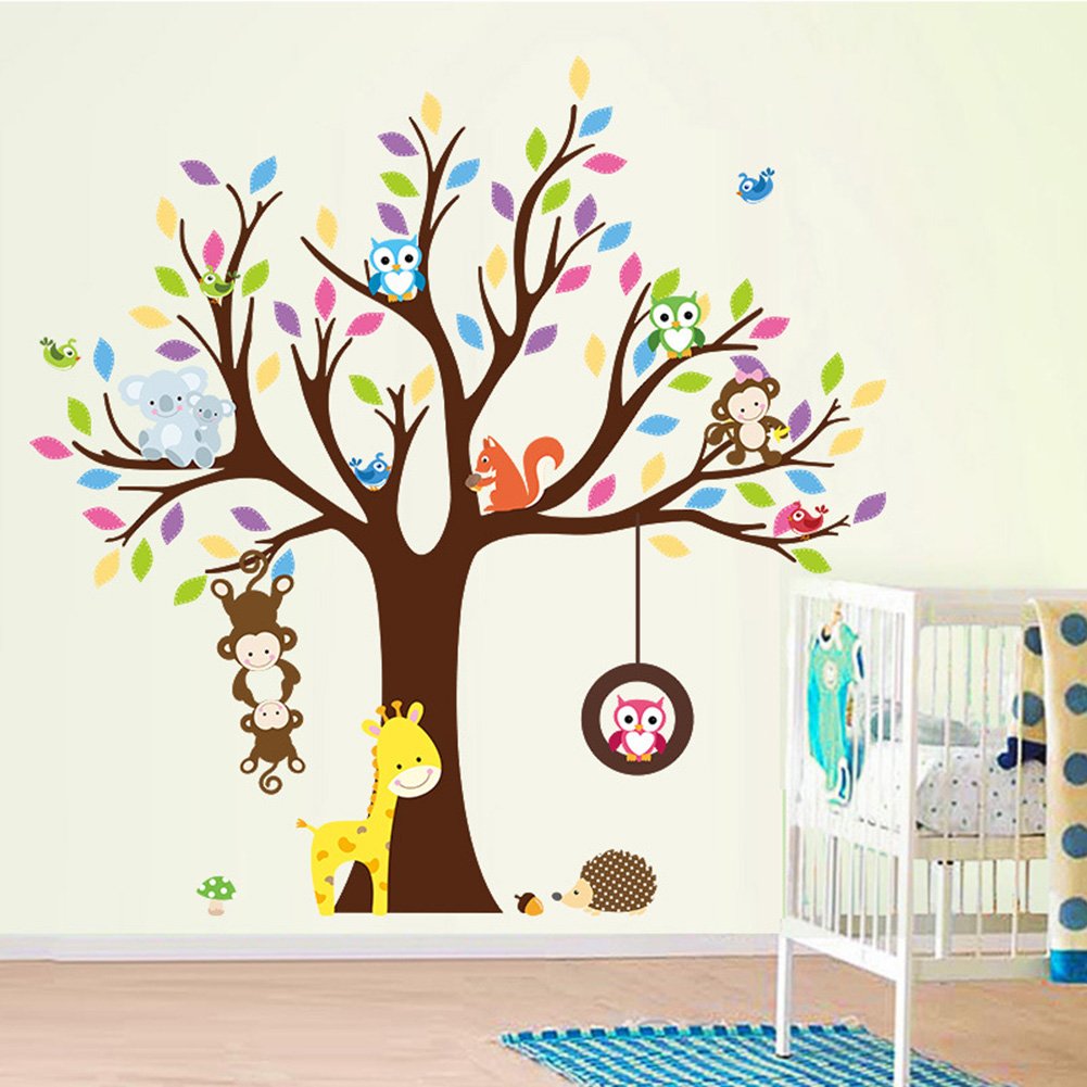 Cartoon Monkey Owls Tree Jungle Animal Theme Wall Art Decal Sticker Mural Decoration for Living Room Nursery Baby Girl Boy Kids Children's Room Bedroom Decor