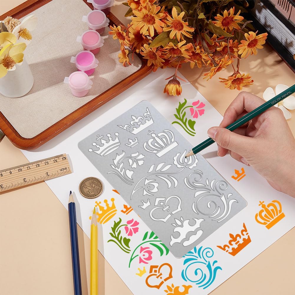 UNICRAFTALE Patterned Crown Metal Stencil Retro Stainless Steel Template Photo Album Stencil Reusable Cutting Dies Drawing Stencils Tool Template for Wood Carving DIY Scrapbooking Decorative