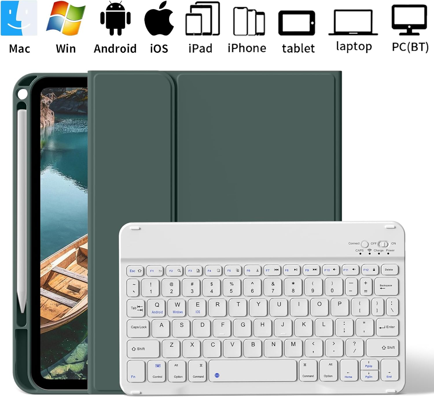aoub Keyboard Case for iPad (A16) 11th Gen 11 Inch 2025, iPad 10th Generation 10.9 inch 2022 with Pencil Holder, Stand Folio Detachable Wireless Bluetooth Rechargeable Keyboard, Dark Green