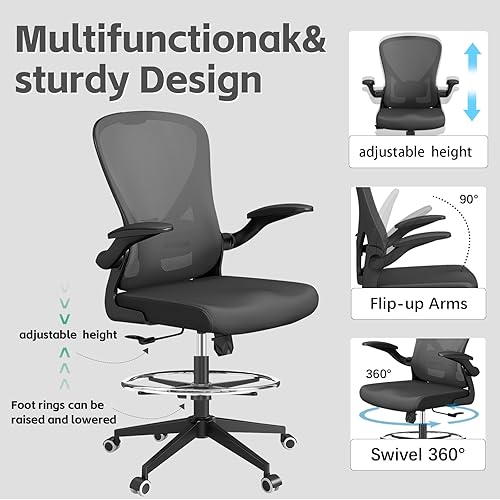 Miniatura 26 de Silla de dibujo, sillas de oficina altas ergonómicas para escritorio de pie, silla de escritorio de oficina en casa con soporte lumbar y