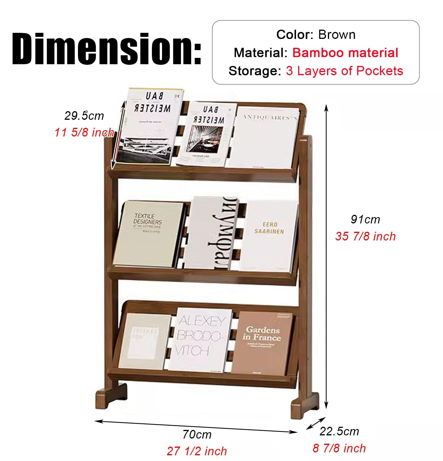 Espositore da Terra Porta Brochure In Piedi da 53/70/100 Cm di Larghezza, Porta Brochure In Bambù a 3 Strati per Fiere, Archiviazione Verticale per Riviste, per Soggiorno, Ufficio(Width-70cm(27 1/2 in