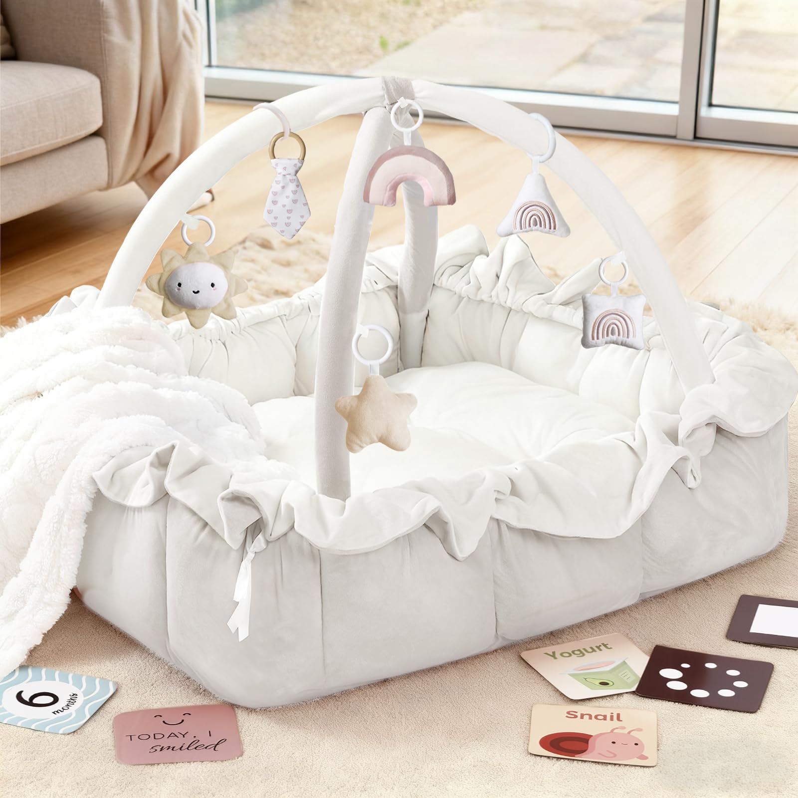 Mallify 5-in-1 Thick Plush Baby Play Gym Mat, Tummy Time Mat with 6 Sensory Toys, Baby Play Mat, Convertible Baby Gym for Stage-Based Development from Babies to Toddlers, Baby Essentials Gift, Pink — Amazon image 14