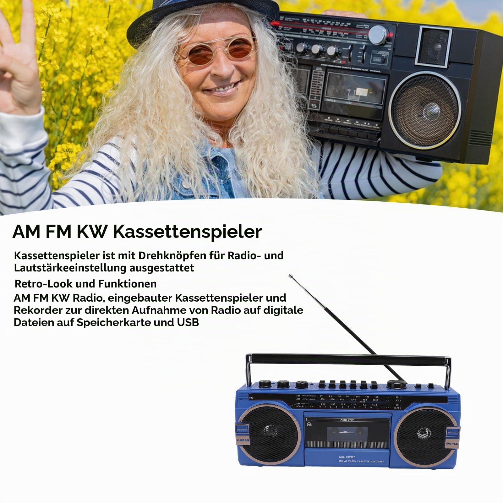 Kassetten Boombox, Retro Blueooth Boombox mit USB, SD und 3,5 Mm AUX Eingang, AM FM SW Kassettenspieler und Recorder (Blue)