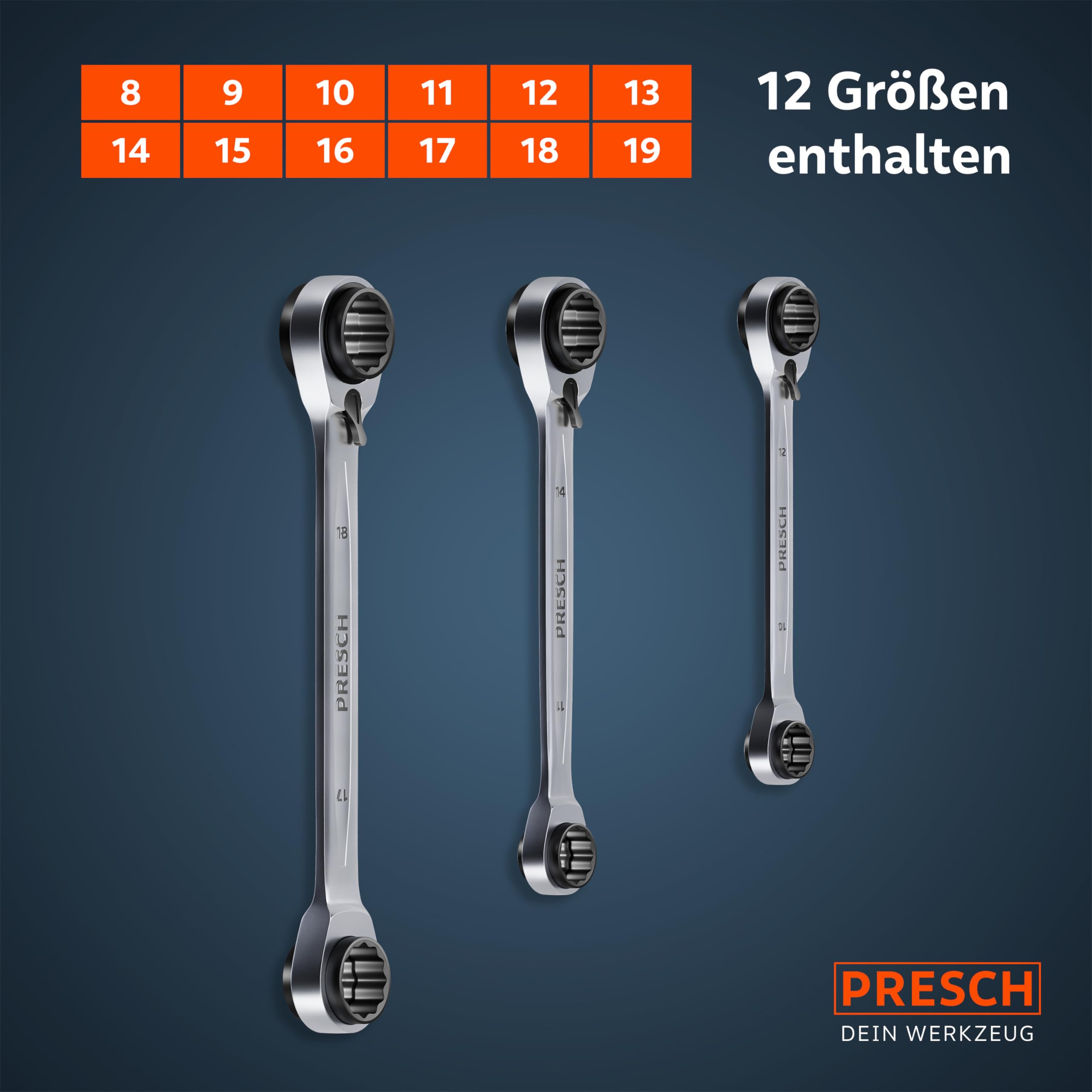 PRESCH 4 in 1 Ratschenschlüssel Set 3tlg. (8-19mm) inkl. Tasche - Umschaltbare Ratschenfunktion - Ringratschenschlüssel mit 90 Zähnen & 4° Rückholwinkel - Robuste Ratschenringschlüssel