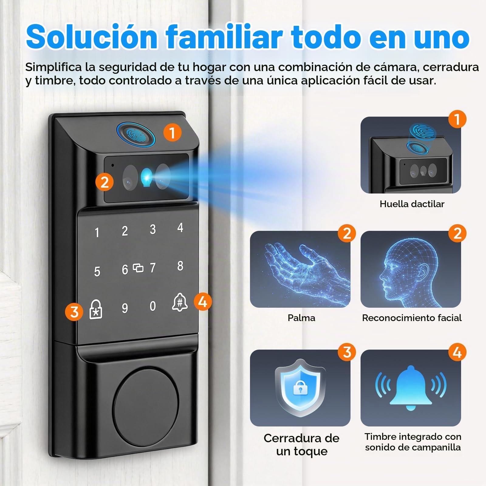 Cerradura Inteligente con Reconocimiento de Palma y Facial, Huella Dactilar | Cerradura Electrónica, Acceso Sin Llaves, Control vía App, Autobloqueo, Timbre, Teclado Táctil y Cerrojo Interior