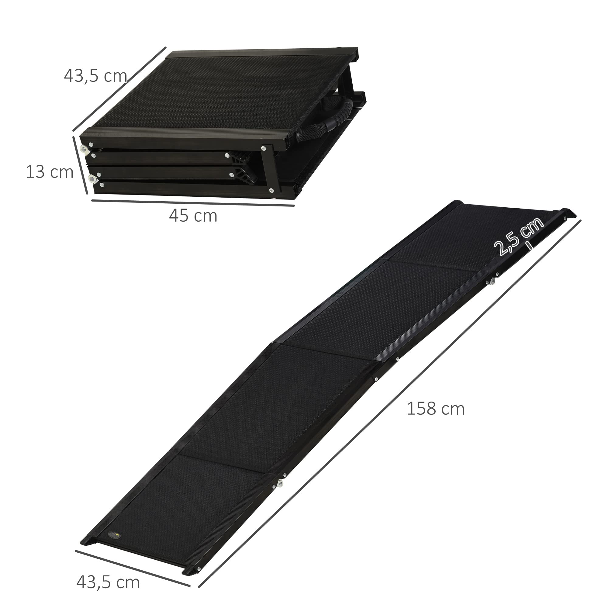 PawHut Rampe Pliable pour Chiens en Alliage d'aluminium, escalier pour Chien avec Surface antidérapante, Facile à Transporter - Rampe Voiture Chien pour Chiens de Grands Taille, 158x43,5x2,5cm, Noir