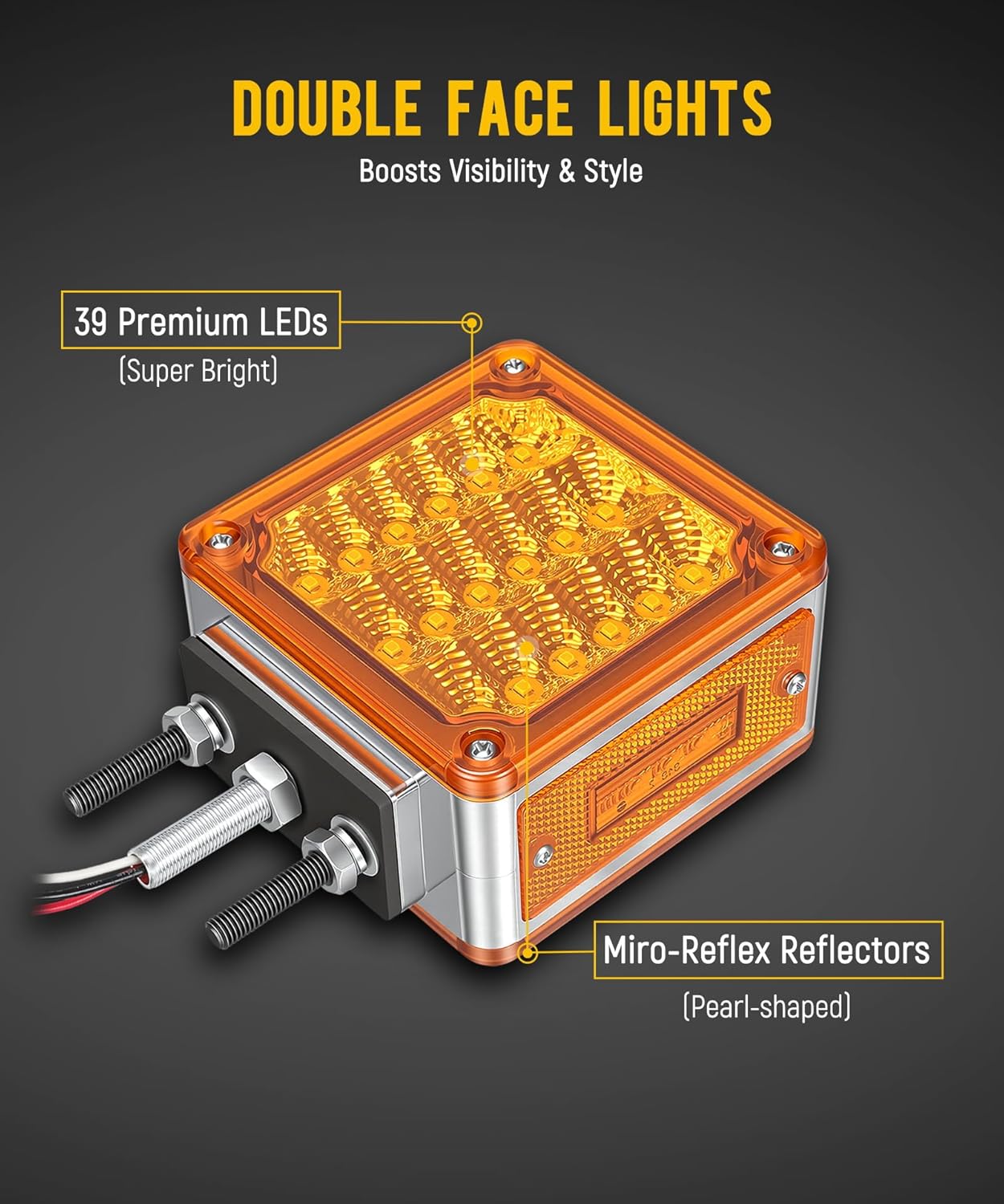 Partsam LED Pedestal Lights Amber/Amber Double Face 39 LED Turn Signal Lights Stud Mount Fender Lights Side Marker Lights for Heavy Truck Trailer Freightliner Peterbilt Mack Western Star