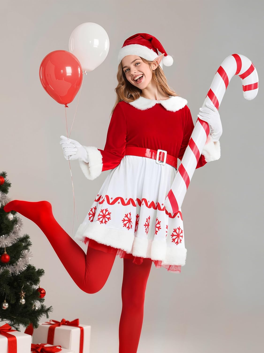 RUODON 6 Pieces Women Elf Costume Red and White Female Party Costumes Christmas Dress Outfit for Women - Image 6