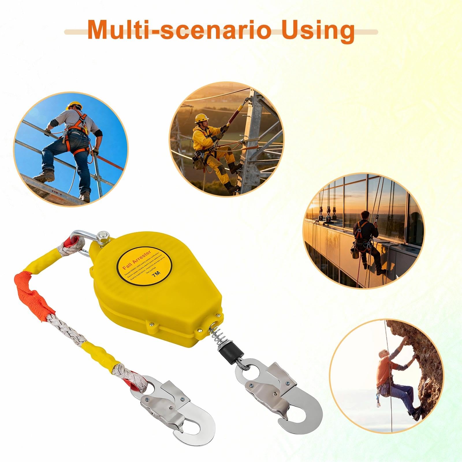 Antichute a Rappel Automatique, 3-20m Dispositif Anti Chute a Rappel Automatique, Harnais de Securite Anti Chute Professionnel pour Toiture, D'échafaudage et Travaux en Hauteur,150kg(Jaune,15M)