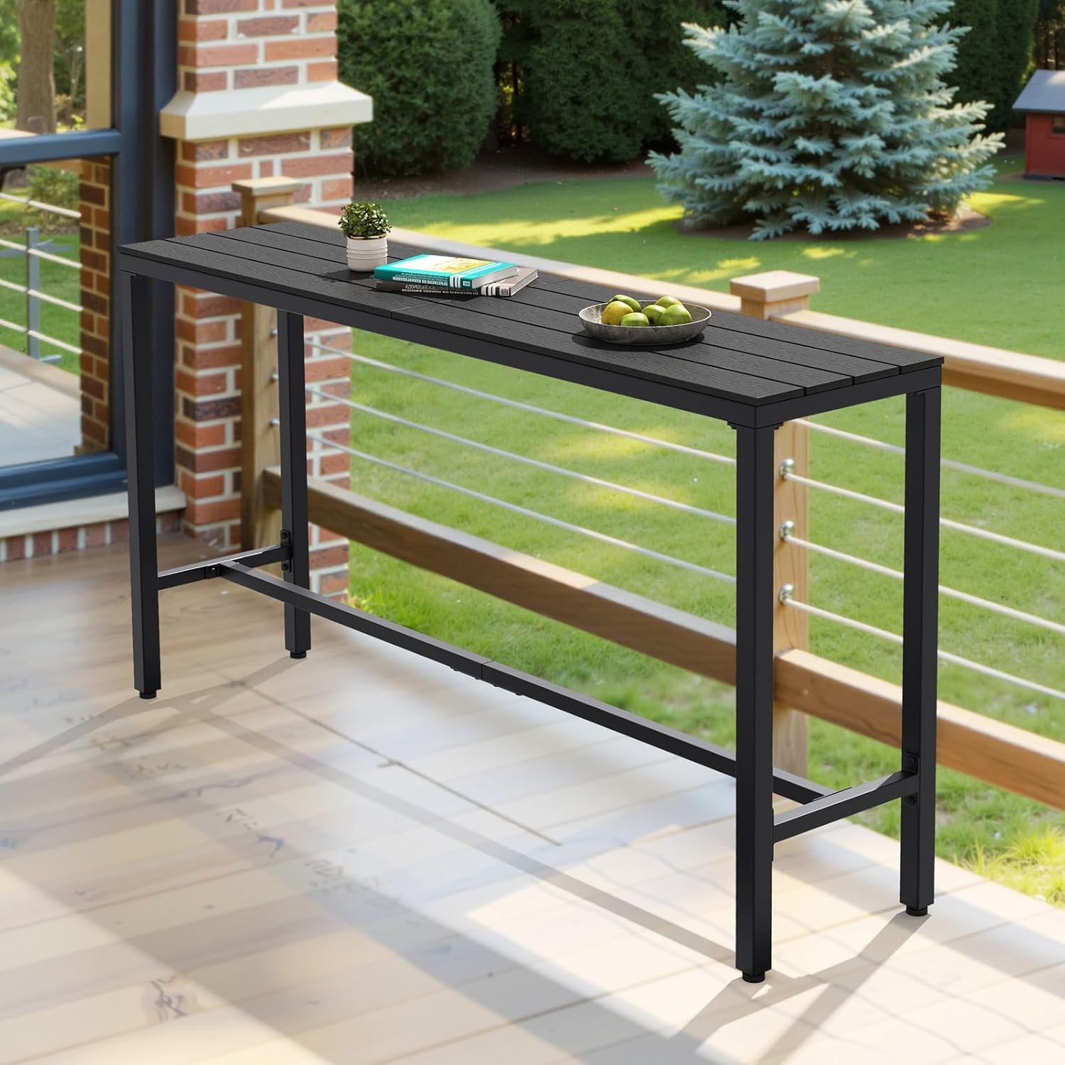 Crestlive Products Outdoor Bar Table, 63'' Rectangle Patio Counter Height Table High Pub Table with Waterproof Top and Sturdy Metal Frame for Balcony, Bistro, Garden, Backyard, Hot Tub (Black)
