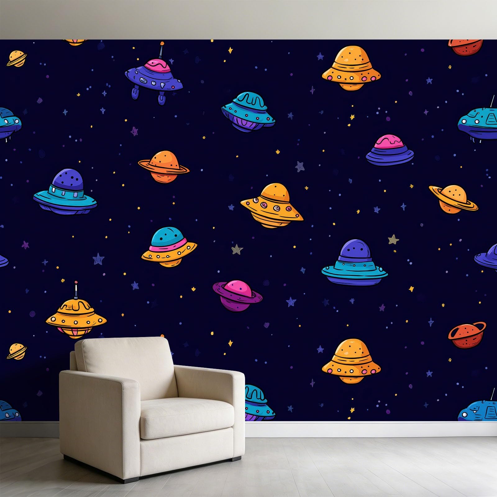 Tapeta z włókniny w stylu kreskówkowym Doodle - Panoramiczny Statek Kosmiczny Kosmiczny Planety Obrazy Zdjęcia, Fototapeta do salonu Dekoracja pokoju dziecięcego 350 x 256 cm