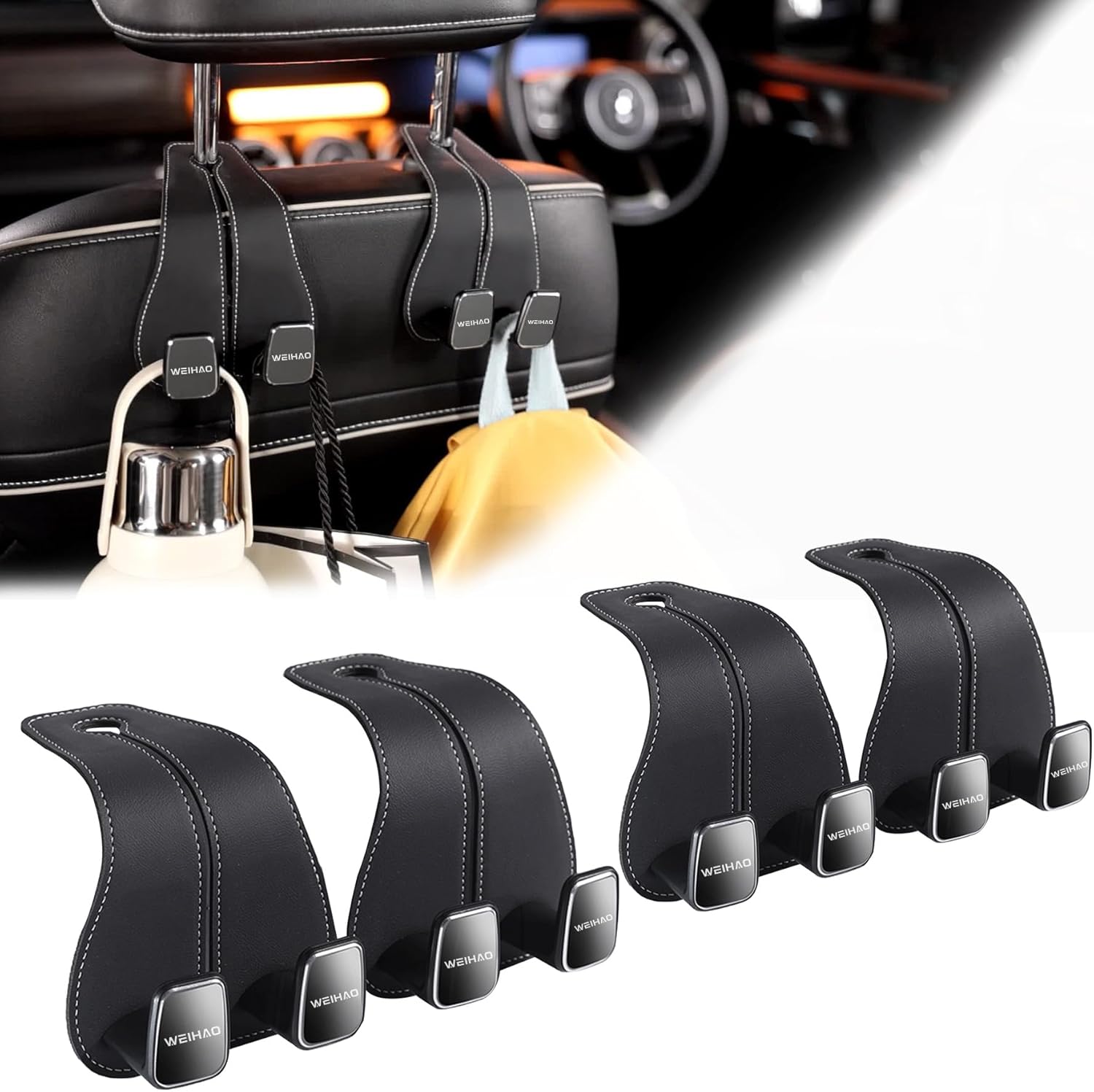 WEIHAO Wide Purse Hook for Car, Twin Hook Leather Car Headrest Hangers, Car Seat Back Storage Hook, Headrest Hooks Purse Bag Holder for Car Universal Fit Sedan Trucks SUVs Most Vehicles (Black-4PCS)