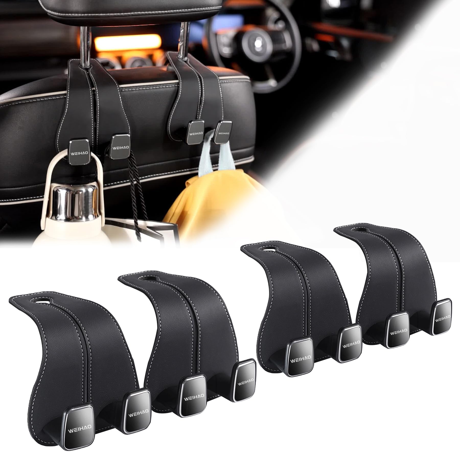 WEIHAO Wide Purse Hook for Car, Twin Hook Leather Car Headrest Hangers, Car Seat Back Storage Hook, Headrest Hooks Purse Bag Holder for Car Universal Fit Sedan Trucks SUVs Most Vehicles (Black-4PCS)