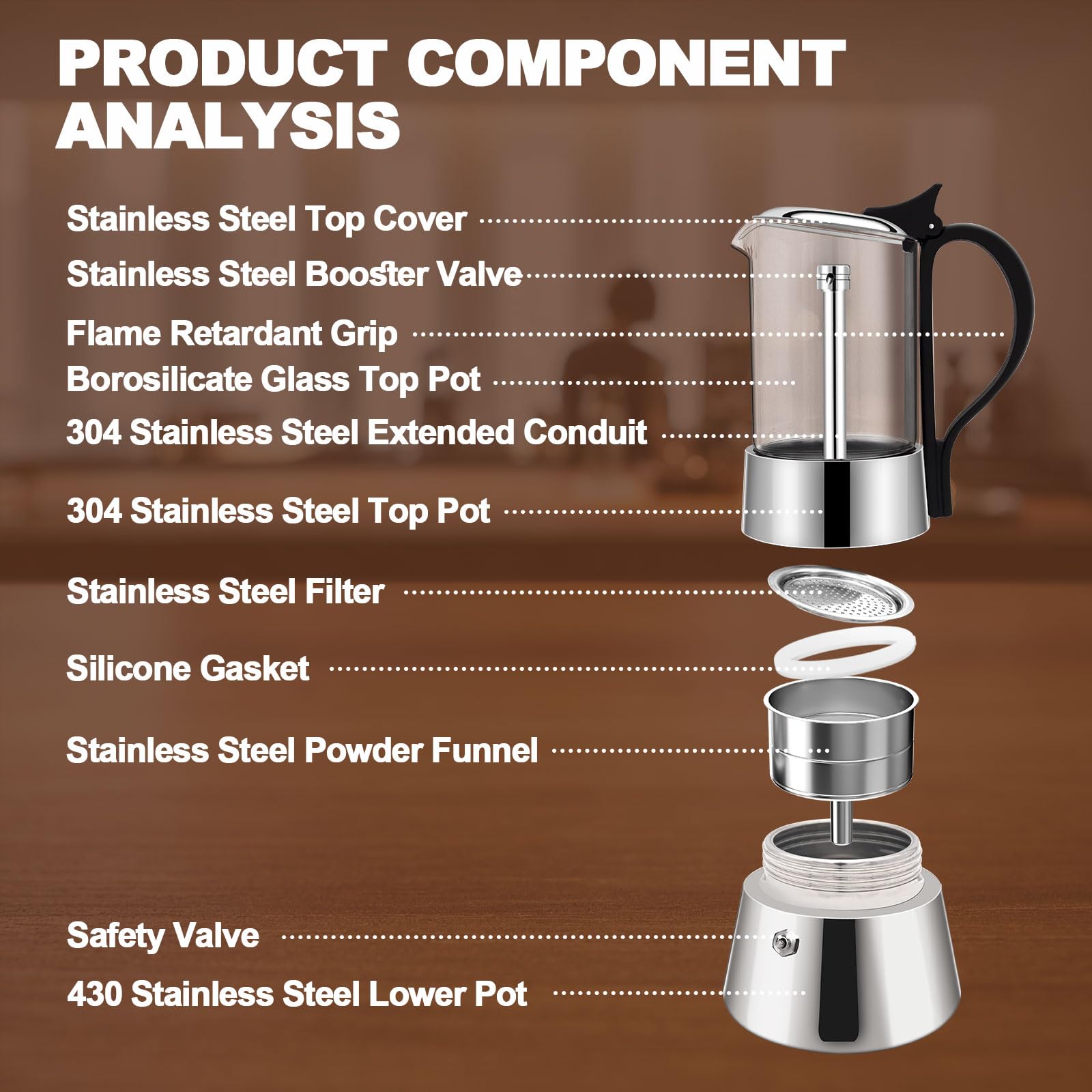 6 Tasse Glas Transparent Moka Pot Edelstahl Uncoated Stovetop Espresso Maker Italienische Kaffeemaschinen Mocha Greca Maschine Cafe Classic Induktionskocher für Zuhause Camping 350ml