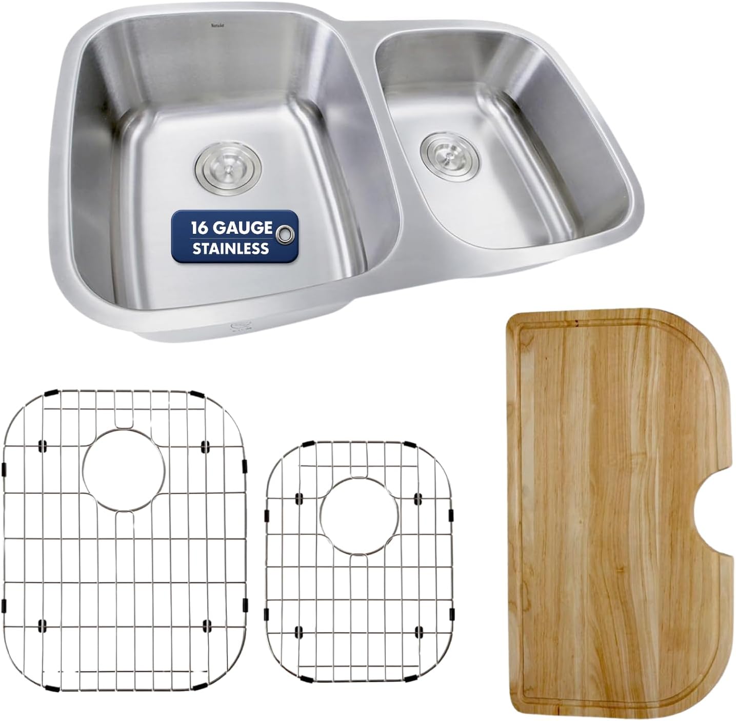 Nantucket Sinks 60/40 Double Bowl Kitchen Workstation Sink – Stainless Steel Sink, with Maple Wood Cutting Board, Bottom Grids and Colander Drains, 16 Gauge 304 Steel, Satin Finish NS503-16-CB