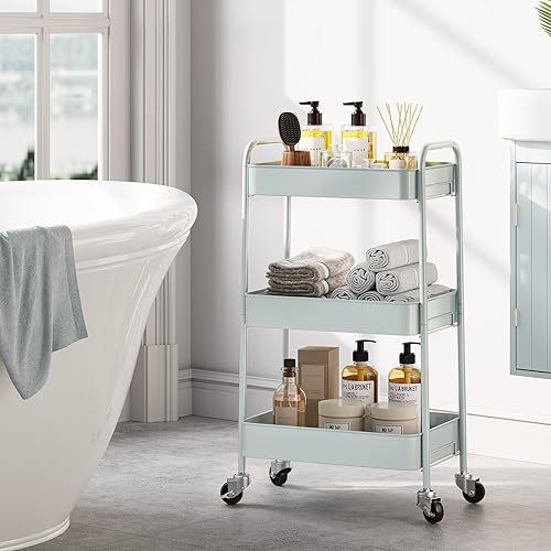 Miniatura 2 de TOOLF Carrito con ruedas de 3 niveles, carrito utilitario de metal con ruedas con cerradura, carrito de almacenamiento para manualidades, carrito