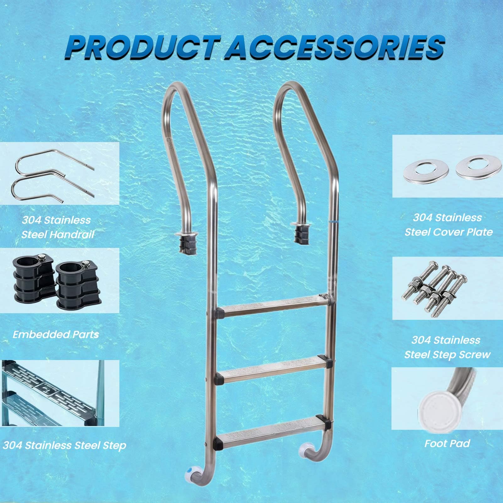 Scaletta per Piscina interrata, gradini Antiscivolo, in Acciaio Inossidabile, Facile da Montare, Resistente, sicura, a 3 gradini, per Interni ed Esterni.