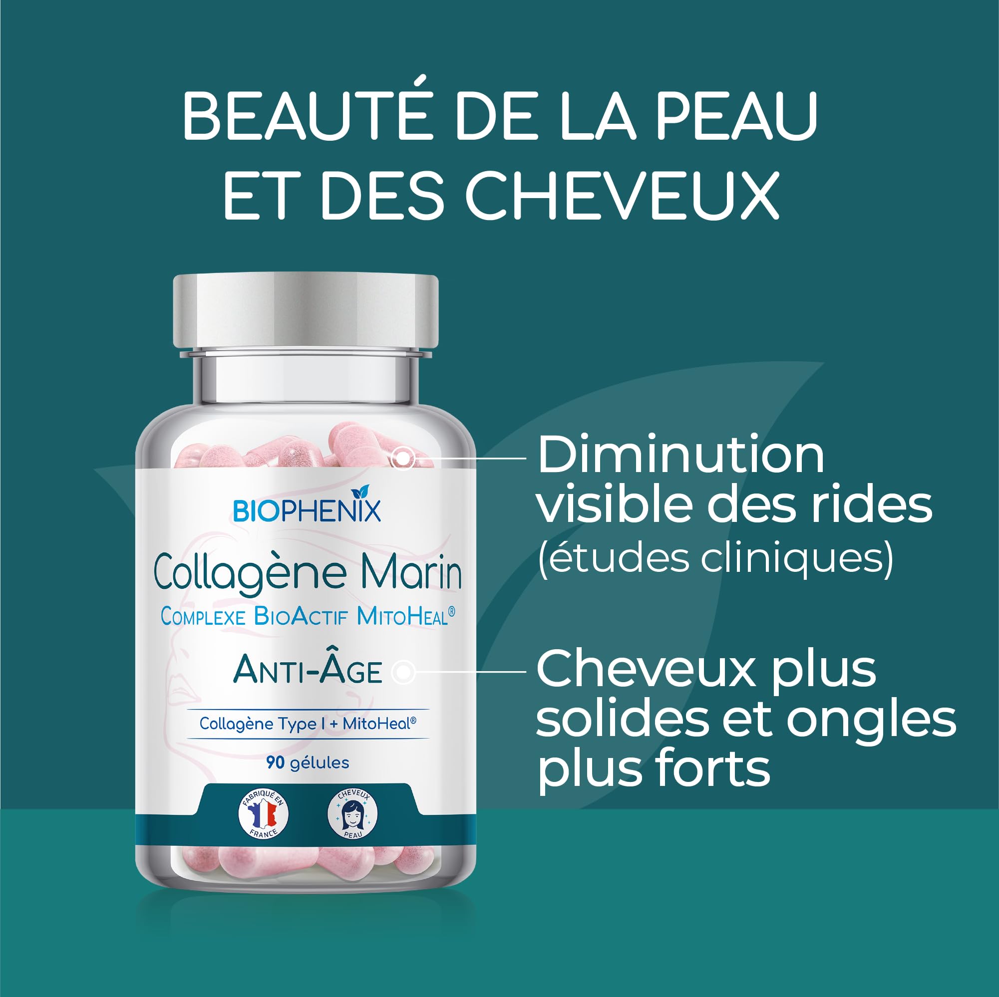 Biophénix Collagène Marin + Complexe BioActif MitoHeal® 90 Gélules Végétales - Anti-Âge - Antioxydant - Peau Hydratée - Peptides de Collagène Type I Peptan® - Riche en Polyphénols (Lot de 5)