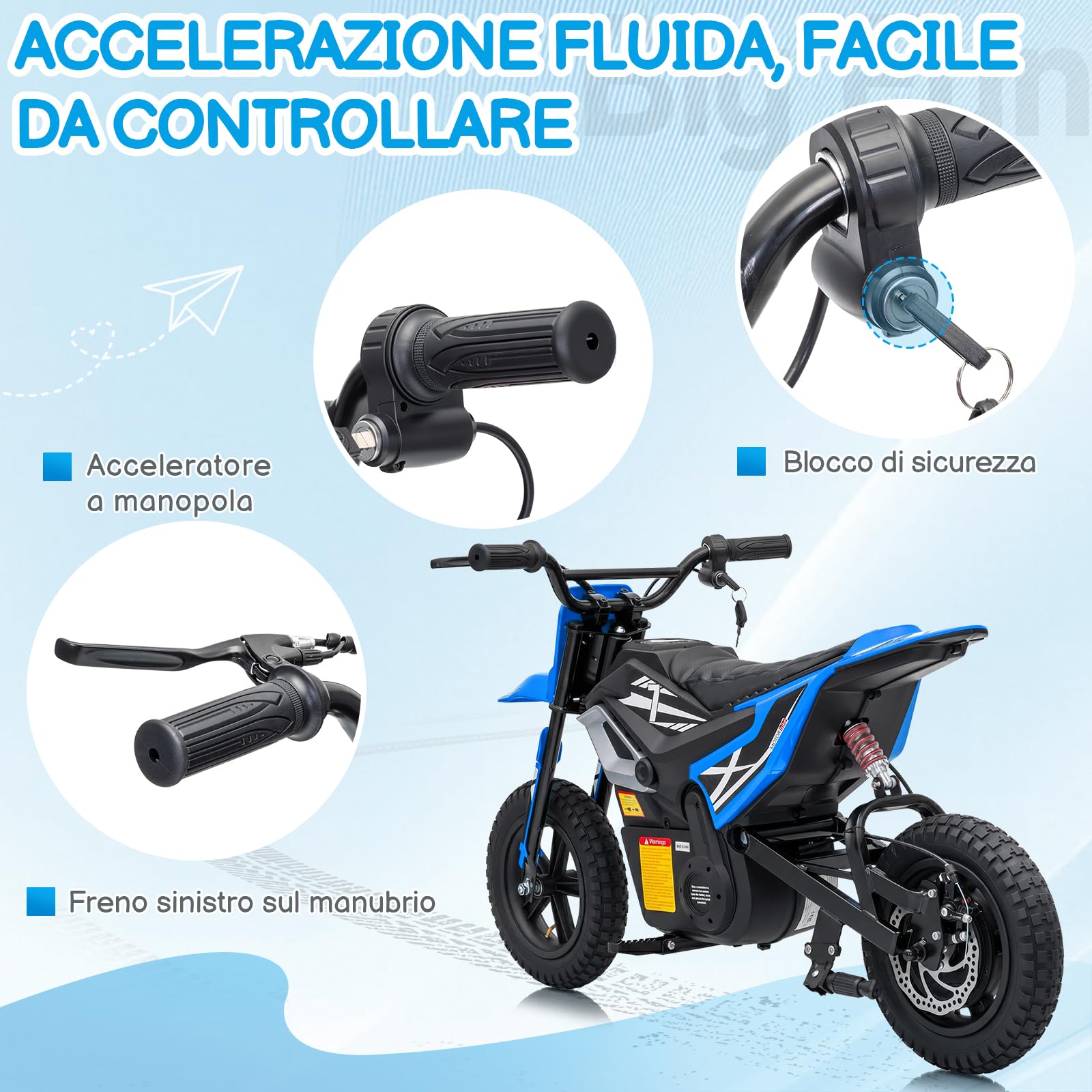 LALAHO Moto elettrica per bambini 24V 7Ah con Motore Senza Spazzole 250W, Max 22,5 km/h, Autonomia 19 KM, Pneumatico gonfiabile da 12 pollici (Blu)