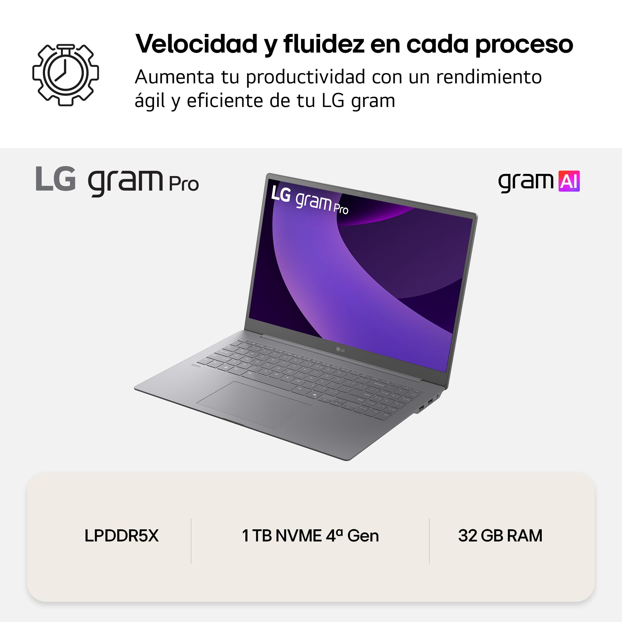 LG gram Pro 16Z90TS-G.AU99BN - Ordenador Portátil Ultraligero de 16" Intel Core Ultra 9 288V, 32 GB RAM, 1 TB SSD, IPS Antirreflejo, 1239g, 25.5h, Windows 11, Teclado QWERTY Español, Gris metalico