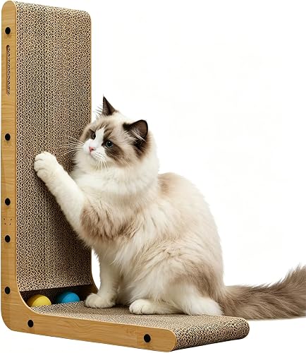 Cat Scratcher, 60cm L Shape Scratch Pad Wall Mounted with 2 Balls, Cat Scratching Cardboard with Ball Toy for Indoor Cats, Large Size