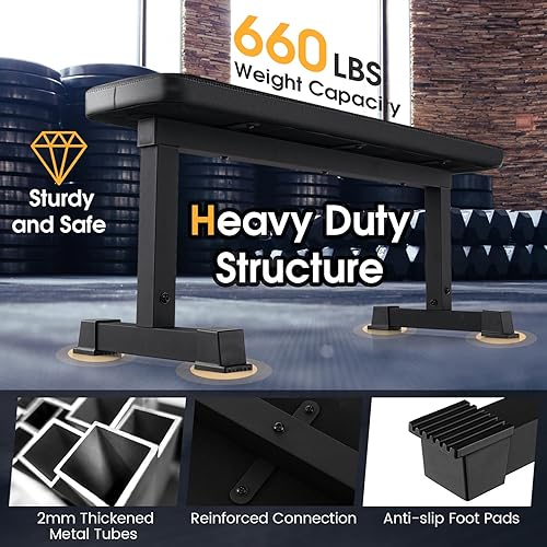 Miniatura 3 de Goplus Banco de peso plano, 660 libras, banco de ejercicios de entrenamiento de fuerza resistente para gimnasio en casa, fácil montaje, banco de