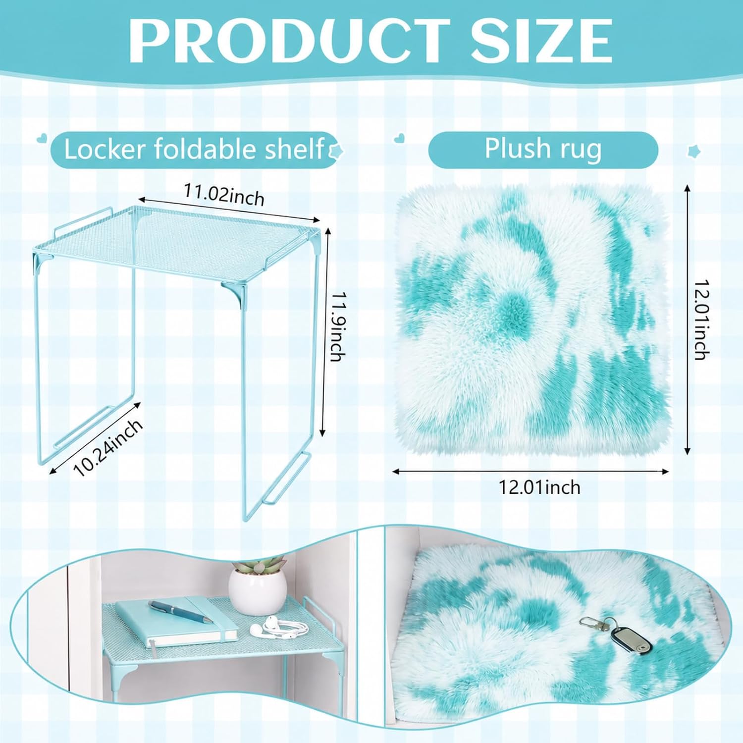 Novabright 2 Pcs Locker Organizer Kit Metal Shelf and Anti Slip Plush Rug for Girls Teens Students School Gym Work Locker Accessories Storage Decorations Back to School Gifts(Blue) image 3