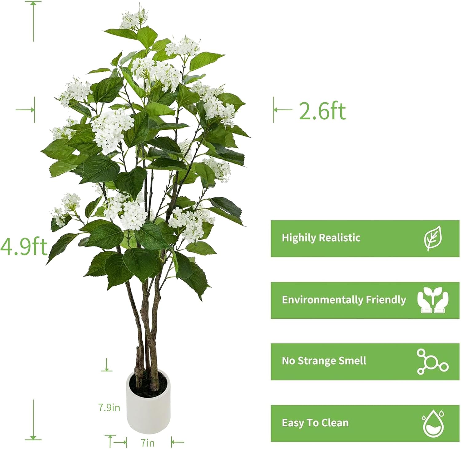 5FT Artificial Hydrangea Tree with 18 Blooms, Potted Fake Plant for Home Office Decor, Realistic Leaves & Bendable Branches, White Planter (5 FT)